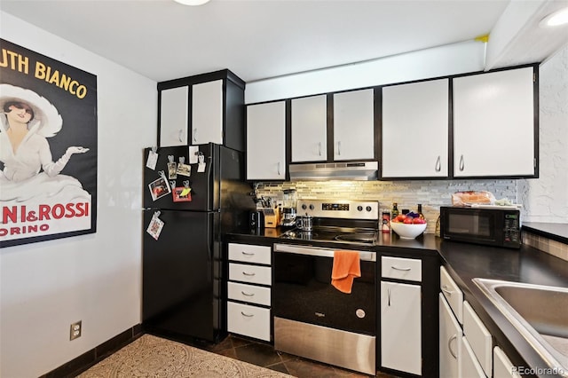 805 29th St Unit 308, Boulder, CO 80303 - kitchen featuring black appliances, under cabinet range hood, dark countertops, and white cabinets