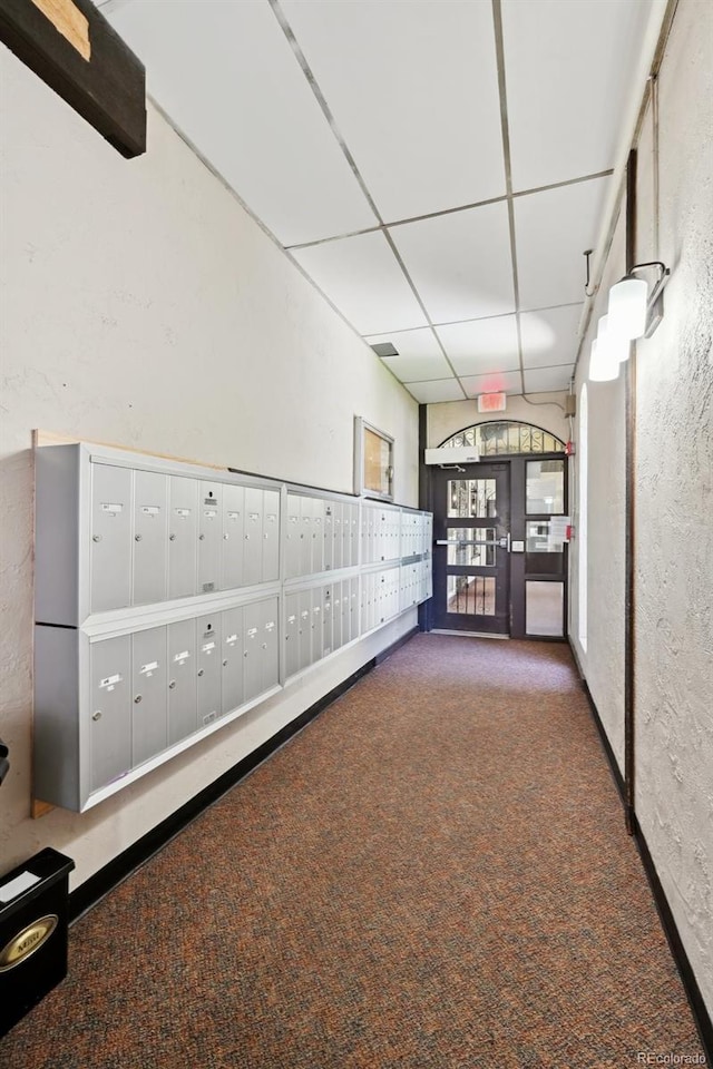 805 29th St Unit 308, Boulder, CO 80303 - hallway with a textured wall, mail area, carpet floors, and a paneled ceiling