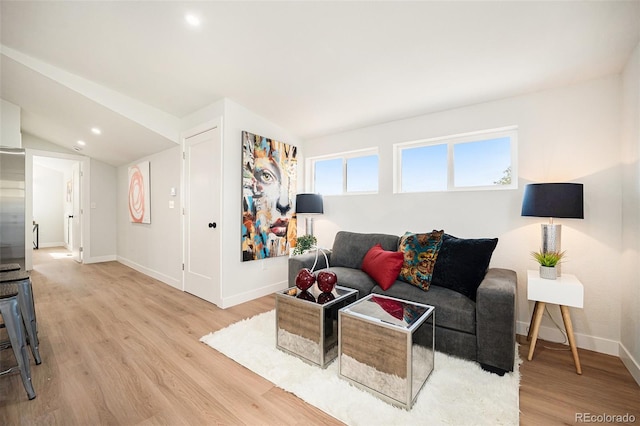 living room featuring lofted ceiling and light wood-type flooring