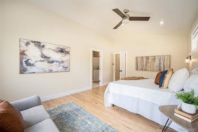 bedroom with lofted ceiling, hardwood / wood-style floors, and ceiling fan