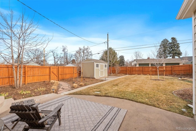 view of yard with a patio and a storage unit