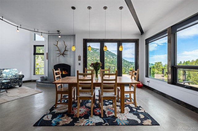 5896 Peregrine Trl, Golden, CO 80403 - dining area featuring concrete flooring, healthy amount of natural light, a large fireplace, baseboards, and beam ceiling