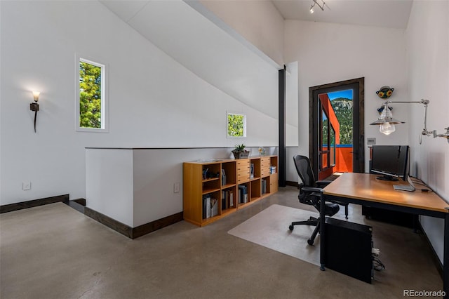 5896 Peregrine Trl, Golden, CO 80403 - office featuring healthy amount of natural light, concrete floors, baseboards, and high vaulted ceiling