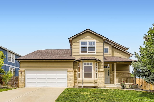 19259 E Caspian Pl, Aurora, CO 80013 - traditional-style house featuring brick siding, concrete driveway, a garage, a porch, and roof with shingles