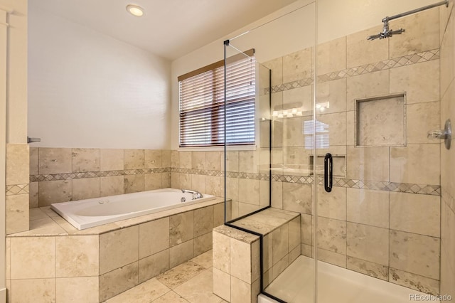 19259 E Caspian Pl, Aurora, CO 80013 - full bathroom with a garden tub, a shower stall, recessed lighting, and tile patterned floors