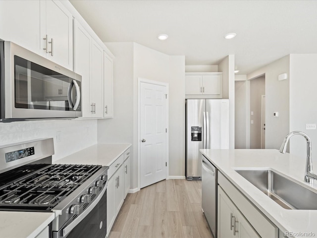 kitchen with white cabinetry, light hardwood / wood-style floors, appliances with stainless steel finishes, backsplash, and sink