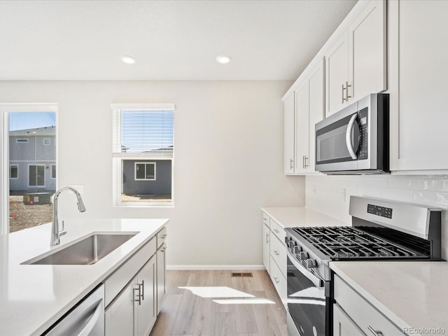 kitchen featuring tasteful backsplash, light hardwood / wood-style floors, sink, stainless steel appliances, and white cabinets