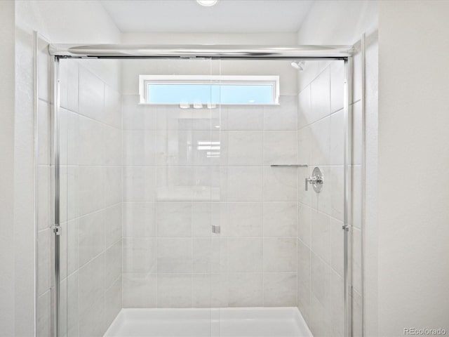 bathroom with a shower with shower door