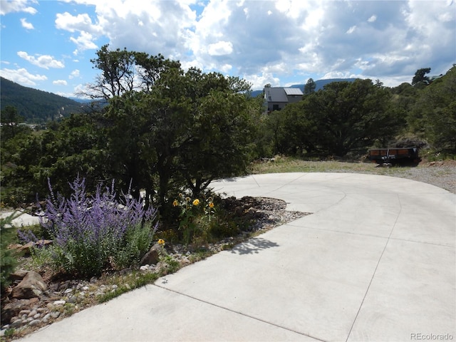 view of patio with a mountain view