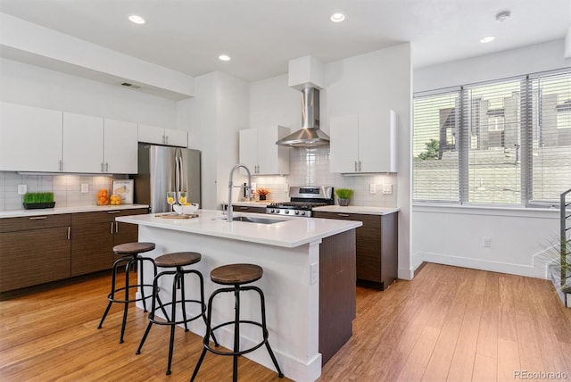 1216 Perry St, Denver, CO 80204 - kitchen with stainless steel appliances, wall chimney range hood, a breakfast bar, light countertops, and backsplash
