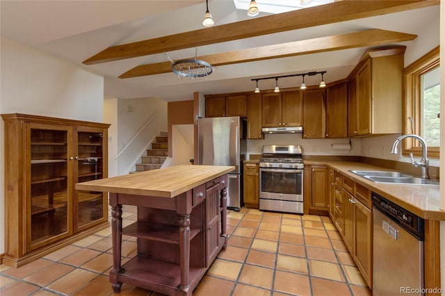 3722 Monterey Pl, Boulder, CO 80301 - kitchen with appliances with stainless steel finishes, open shelves, under cabinet range hood, wood counters, and rail lighting