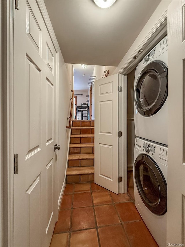 3722 Monterey Pl, Boulder, CO 80301 - laundry room with estacked washer and dryer and tile patterned flooring