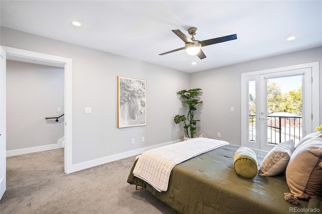 bedroom featuring access to outside, recessed lighting, carpet flooring, baseboards, and ceiling fan