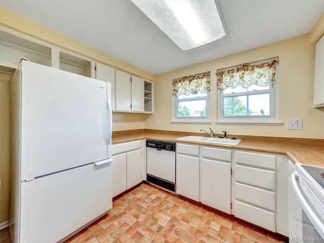 8730 E Roundtree Ave, Greenwood Village, CO 80111 - kitchen with white appliances, a sink, open shelves, light countertops, and white cabinetry