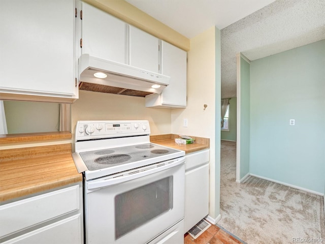 8730 E Roundtree Ave, Greenwood Village, CO 80111 - kitchen with white range with electric cooktop, extractor fan, light countertops, and light colored carpet