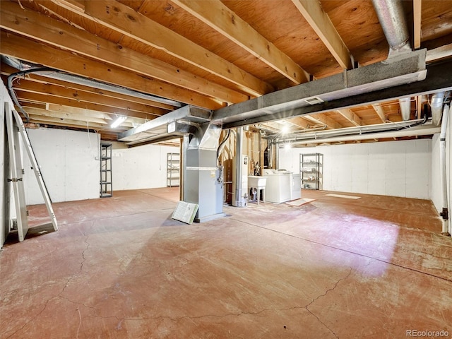 8730 E Roundtree Ave, Greenwood Village, CO 80111 - unfinished basement with separate washer and dryer, a sink, and heating unit