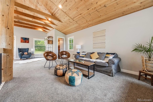 carpeted living room featuring lofted ceiling with beams, wood ceiling, and baseboards