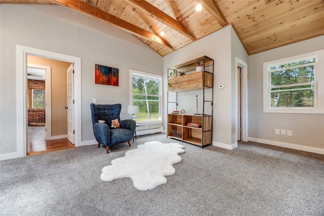 living area featuring carpet floors, baseboard heating, wooden ceiling, and beam ceiling