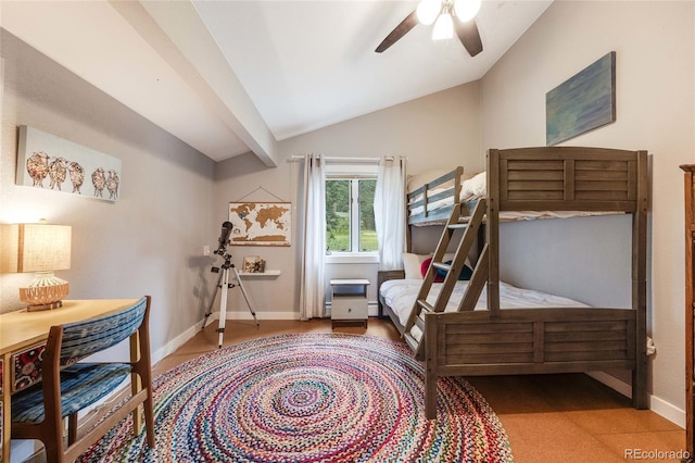 bedroom with vaulted ceiling, baseboards, and ceiling fan