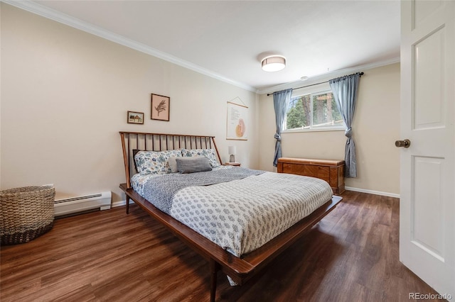 bedroom with a baseboard radiator, crown molding, and wood finished floors