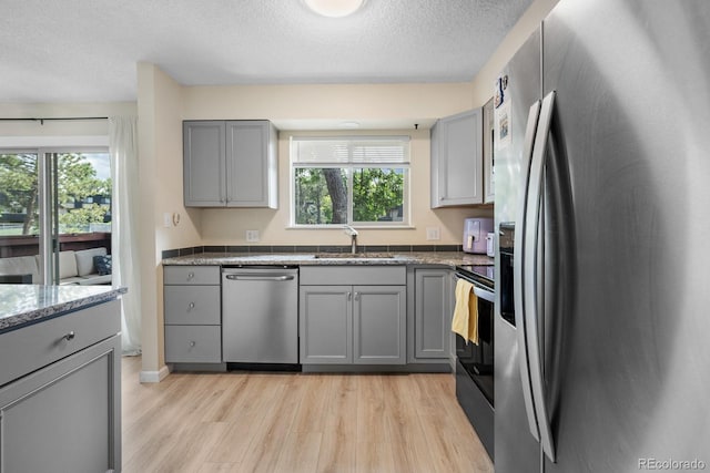 6856 S Broadway, Centennial, CO 80122 - kitchen with appliances with stainless steel finishes, gray cabinets, a sink, light wood-style flooring, and a textured ceiling