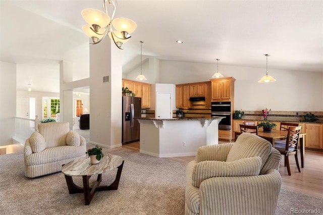 4143 Eagle Ridge Way, Castle Rock, CO 80104 - living room featuring a chandelier, light carpet, and high vaulted ceiling