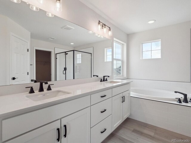 4741 Twelve Oaks Way, Castle Rock, CO 80104 - bathroom featuring a stall shower, double vanity, a garden tub, wood finished floors, and a walk in closet
