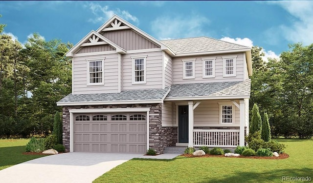 craftsman house featuring a porch, a garage, and a front lawn