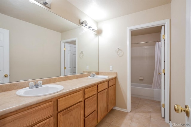 bathroom with tile patterned flooring, shower / bath combination with curtain, double vanity, and a sink