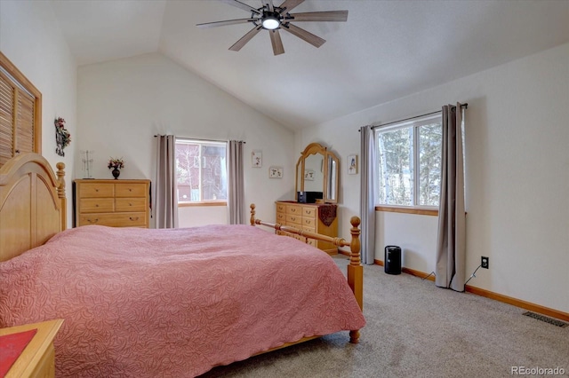 10438 Sunlight Ln, Conifer, CO 80433 - carpeted bedroom with lofted ceiling and a ceiling fan
