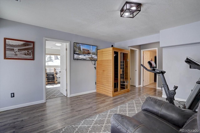 10438 Sunlight Ln, Conifer, CO 80433 - living area featuring a textured ceiling and wood finished floors