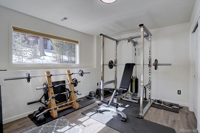 10438 Sunlight Ln, Conifer, CO 80433 - workout area featuring wood finished floors and baseboards