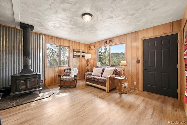 29 Deerfield Ln, Florissant, CO 80816 - sitting room featuring healthy amount of natural light, wood finished floors, a wood stove, a baseboard radiator, and wooden walls