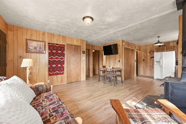 29 Deerfield Ln, Florissant, CO 80816 - living room with a wood stove, wood walls, and light wood-style flooring