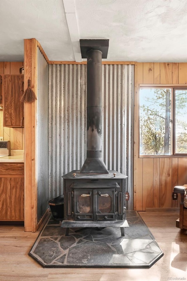 29 Deerfield Ln, Florissant, CO 80816 - detailed view of a wood stove, wooden walls, and wood finished floors