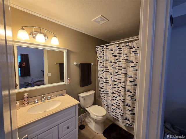 bathroom featuring vanity, tile patterned floors, toilet, a textured ceiling, and walk in shower