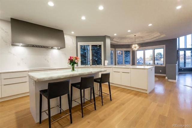 kitchen featuring a large island, ventilation hood, light hardwood / wood-style floors, and white cabinets