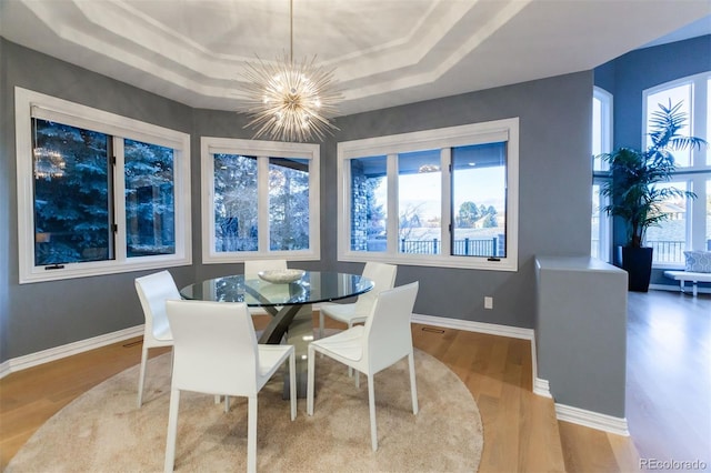 dining room with a raised ceiling, a healthy amount of sunlight, hardwood / wood-style floors, and a notable chandelier