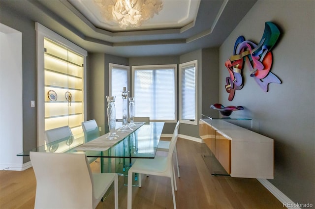 dining room featuring a tray ceiling and light hardwood / wood-style floors