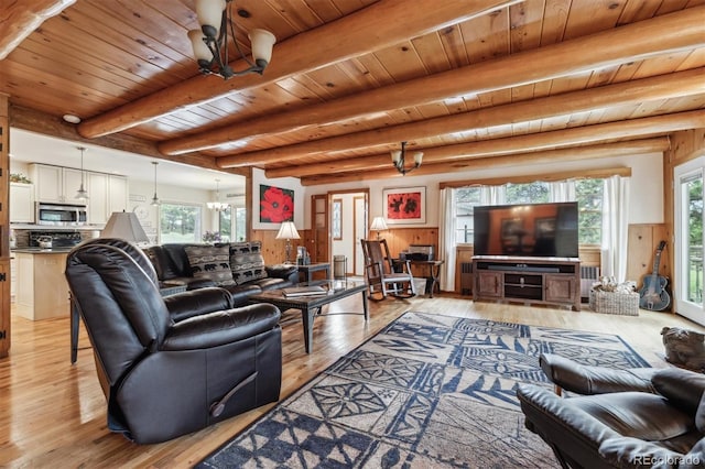 640 Pinewood Ln, Estes Park, CO 80517 - living area with light wood-style floors, a chandelier, plenty of natural light, and wood ceiling with exposed beams