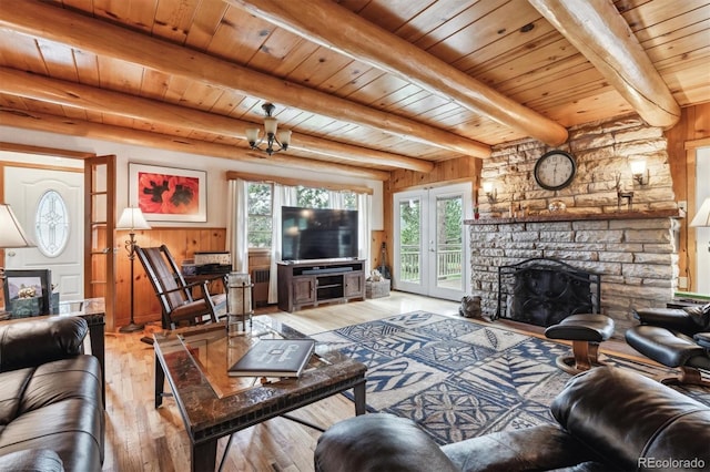 640 Pinewood Ln, Estes Park, CO 80517 - living area with light wood-style flooring, wood ceiling with exposed beams, a fireplace, french doors, and wood walls