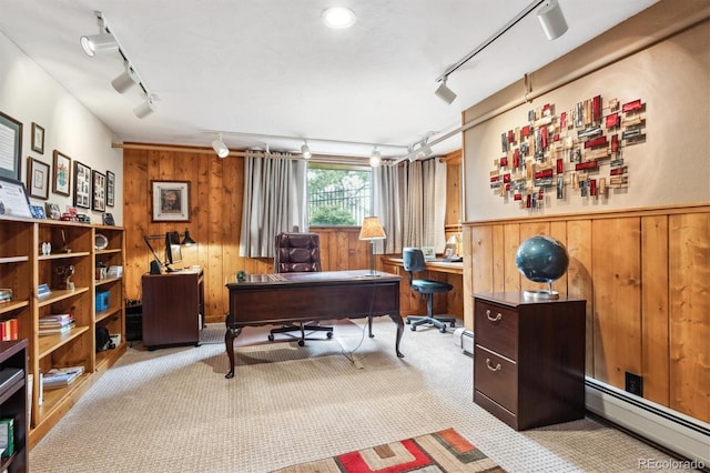 640 Pinewood Ln, Estes Park, CO 80517 - office area with rail lighting, baseboard heating, wood walls, carpet flooring, and a wainscoted wall