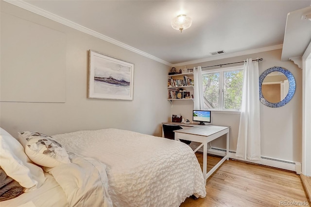 bedroom with ornamental molding, light hardwood / wood-style floors, and a baseboard radiator