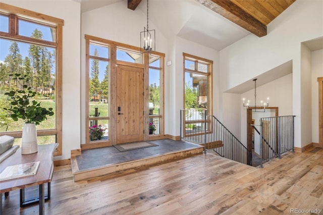41 Barton Ridge Dr, Breckenridge, CO 80424 - entryway featuring a chandelier, hardwood / wood-style flooring, beamed ceiling, plenty of natural light, and high vaulted ceiling