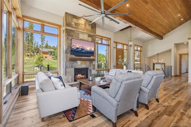 41 Barton Ridge Dr, Breckenridge, CO 80424 - living area with ceiling fan, a fireplace, a chandelier, wood finished floors, and wooden ceiling