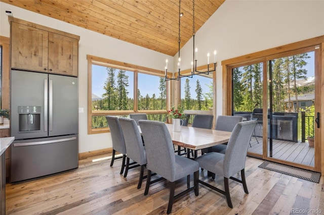41 Barton Ridge Dr, Breckenridge, CO 80424 - dining area featuring a chandelier, light wood-style flooring, wood ceiling, and high vaulted ceiling
