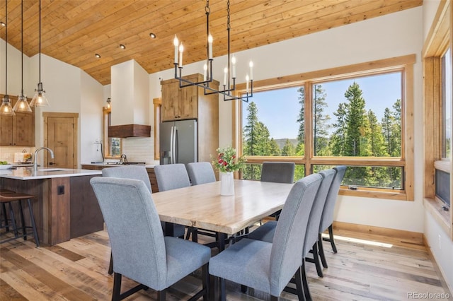 41 Barton Ridge Dr, Breckenridge, CO 80424 - dining space with light wood-style floors, wood ceiling, a chandelier, and high vaulted ceiling