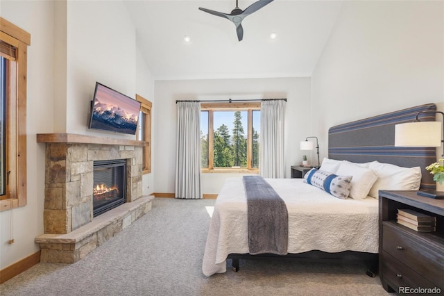 41 Barton Ridge Dr, Breckenridge, CO 80424 - bedroom with a fireplace, carpet flooring, high vaulted ceiling, ceiling fan, and recessed lighting