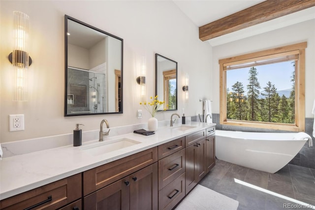 41 Barton Ridge Dr, Breckenridge, CO 80424 - bathroom with double vanity, a freestanding tub, a shower stall, and beam ceiling