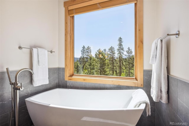 41 Barton Ridge Dr, Breckenridge, CO 80424 - bathroom featuring tile walls, healthy amount of natural light, a freestanding tub, and a wainscoted wall